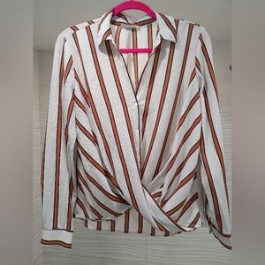 White/Camel & Black Long Sleeve Notched Collar Blouse